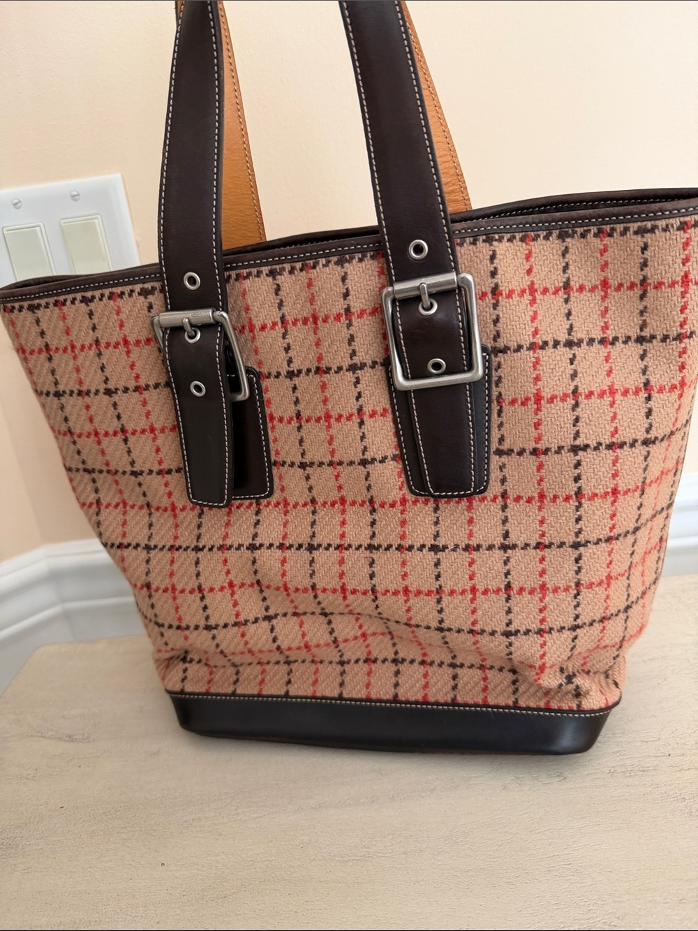 Coach Classic Plaid Tote Bag in Beige and Brown wool